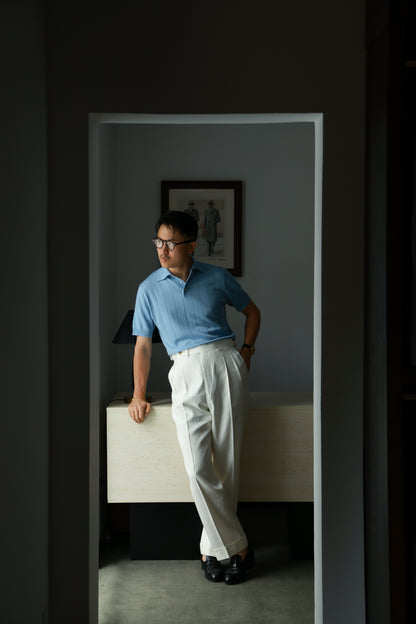 Lyocell-Cotton Linen Blend Ribbed Knit Polo Shirt — Bay Blue