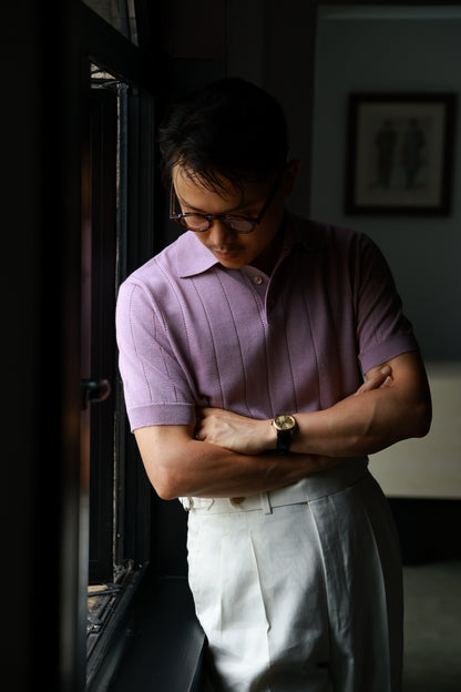 Lyocell-Cotton Linen Blend Ribbed Knit Polo Shirt — Lavender Mist