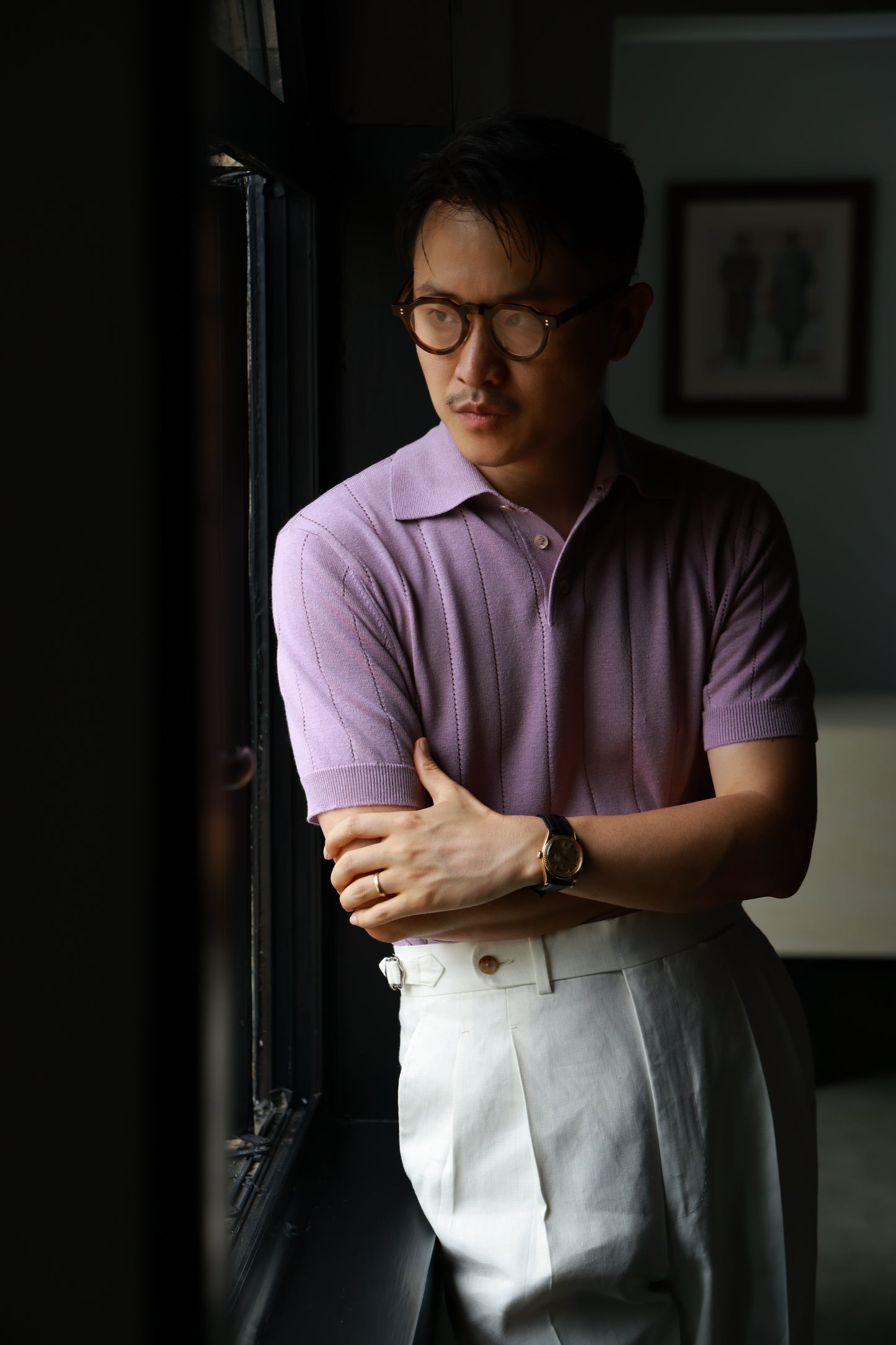 Lyocell-Cotton Linen Blend Ribbed Knit Polo Shirt — Lavender Mist