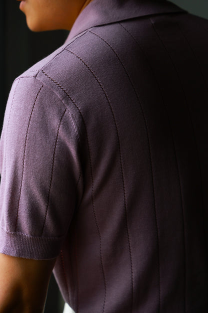 Lyocell-Cotton Linen Blend Ribbed Knit Polo Shirt — Lavender Mist