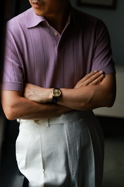Lyocell-Cotton Linen Blend Ribbed Knit Polo Shirt — Lavender Mist