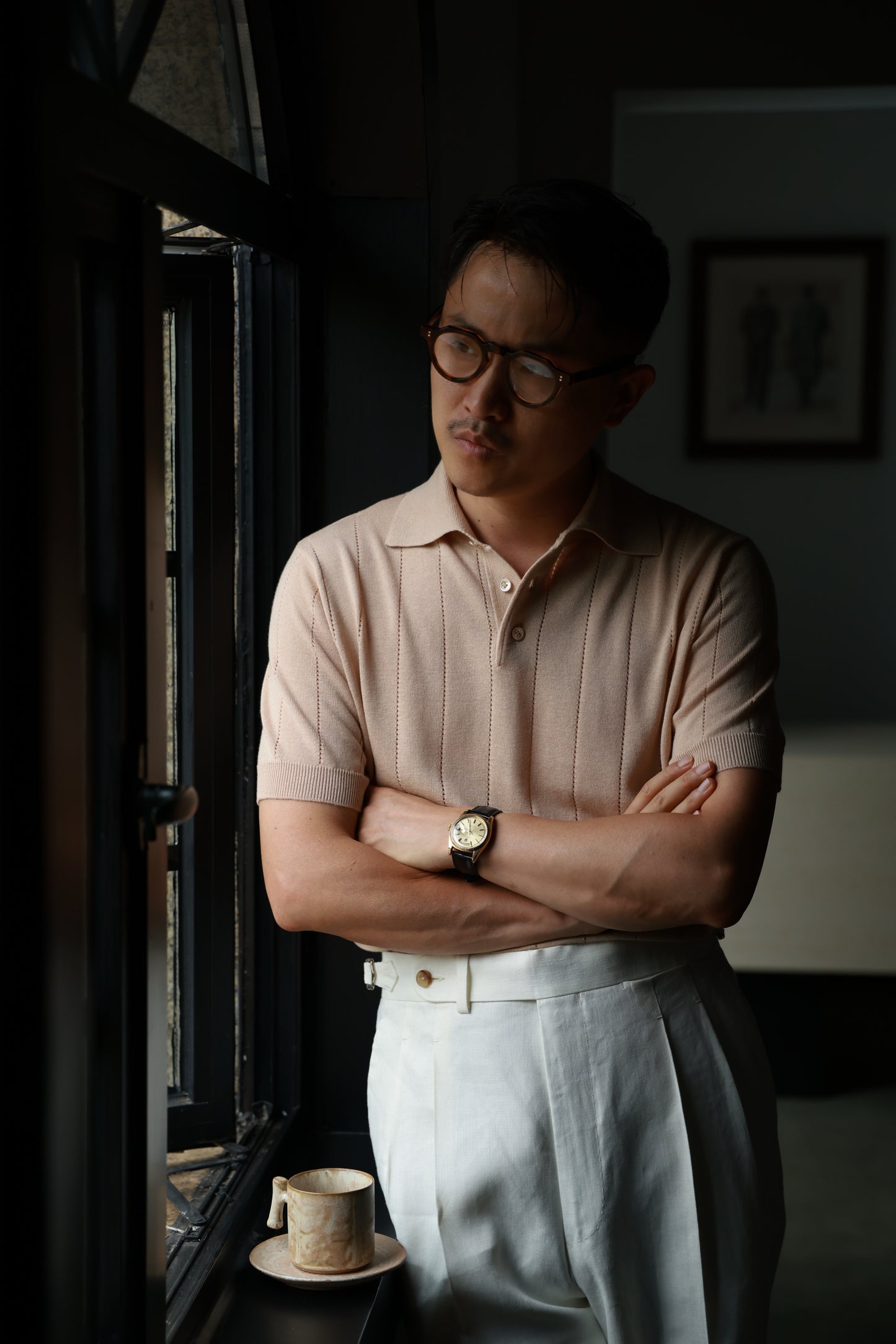Lyocell-Cotton Linen Blend Ribbed Knit Polo Shirt — Sand Beige