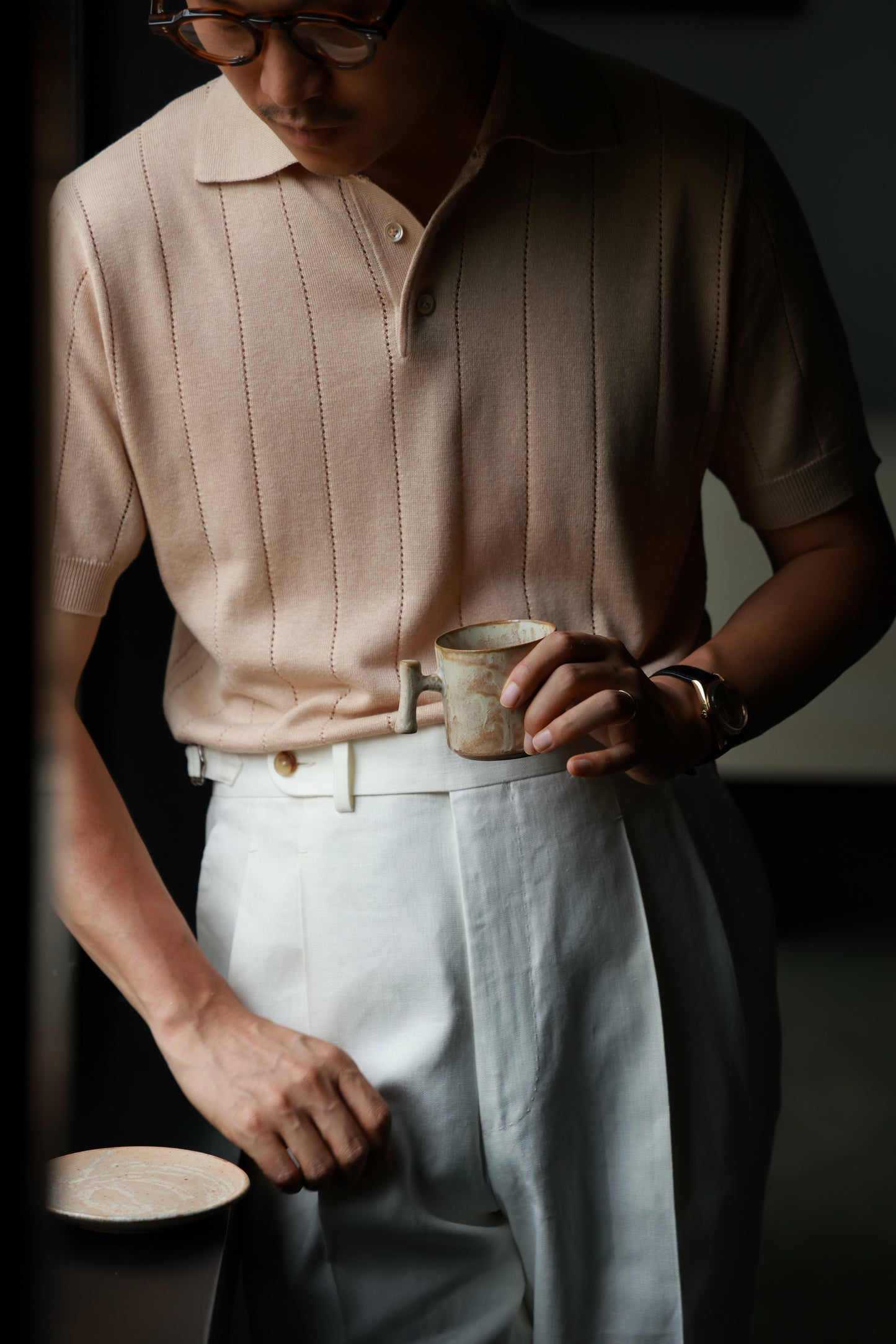 Lyocell-Cotton Linen Blend Ribbed Knit Polo Shirt — Sand Beige