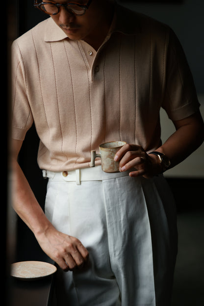 Lyocell-Cotton Linen Blend Ribbed Knit Polo Shirt — Sand Beige