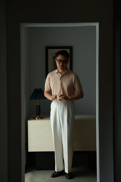 Lyocell-Cotton Linen Blend Ribbed Knit Polo Shirt — Sand Beige