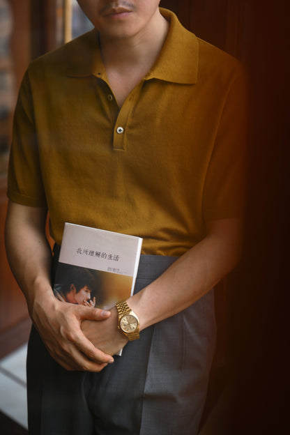 「Spiced Mustard」combed cotton Shell Buttons Knit Short-Sleeve Polo Shirt