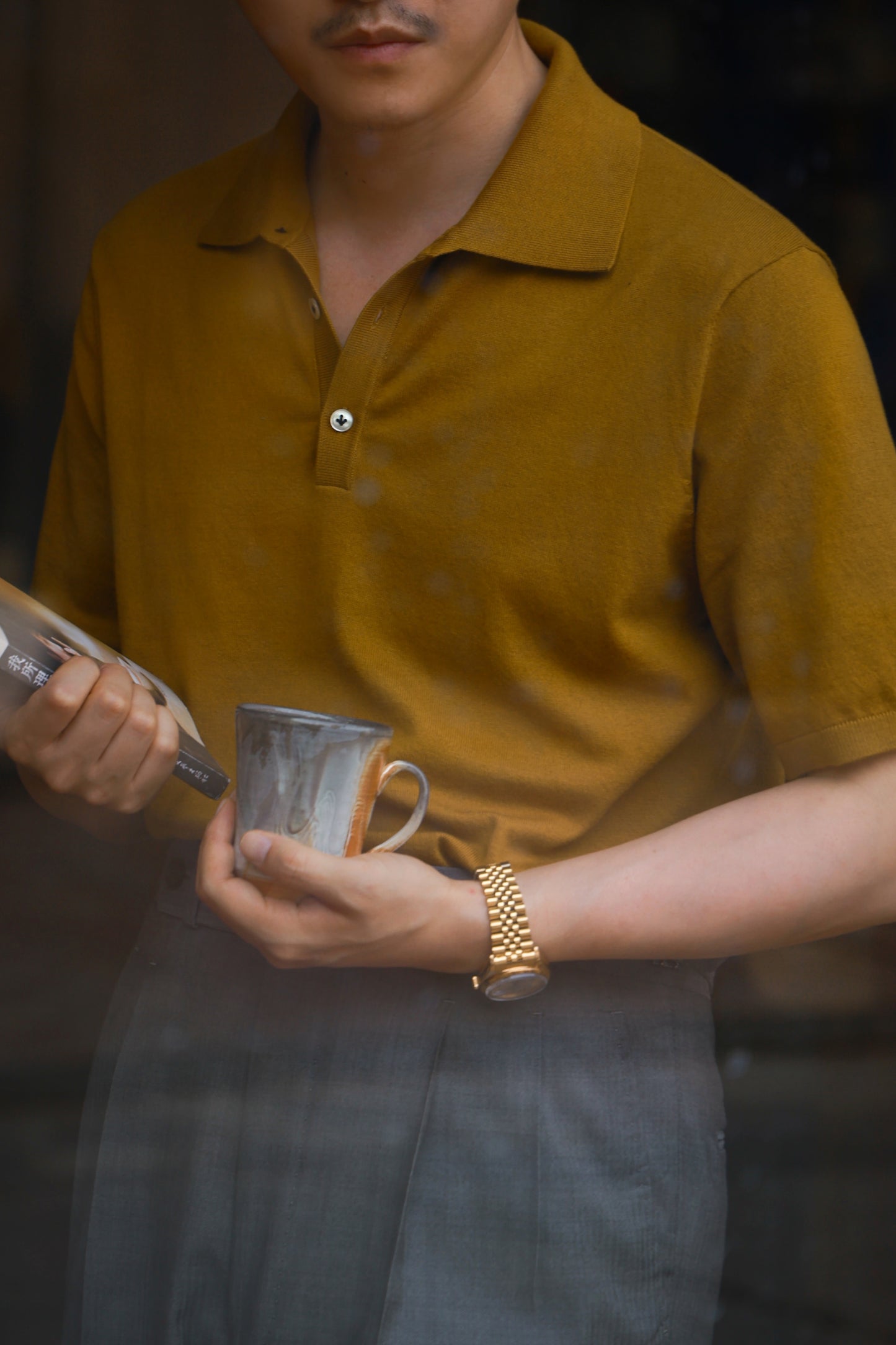 「Spiced Mustard」combed cotton Shell Buttons Knit Short-Sleeve Polo Shirt