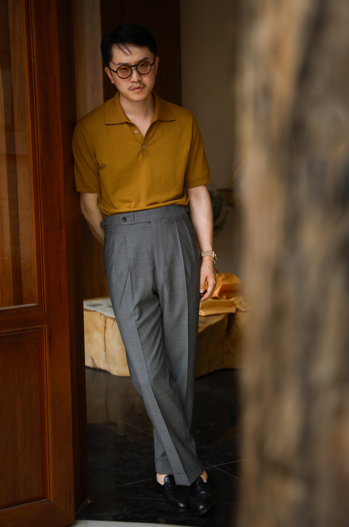 「Spiced Mustard」combed cotton Shell Buttons Knit Short-Sleeve Polo Shirt