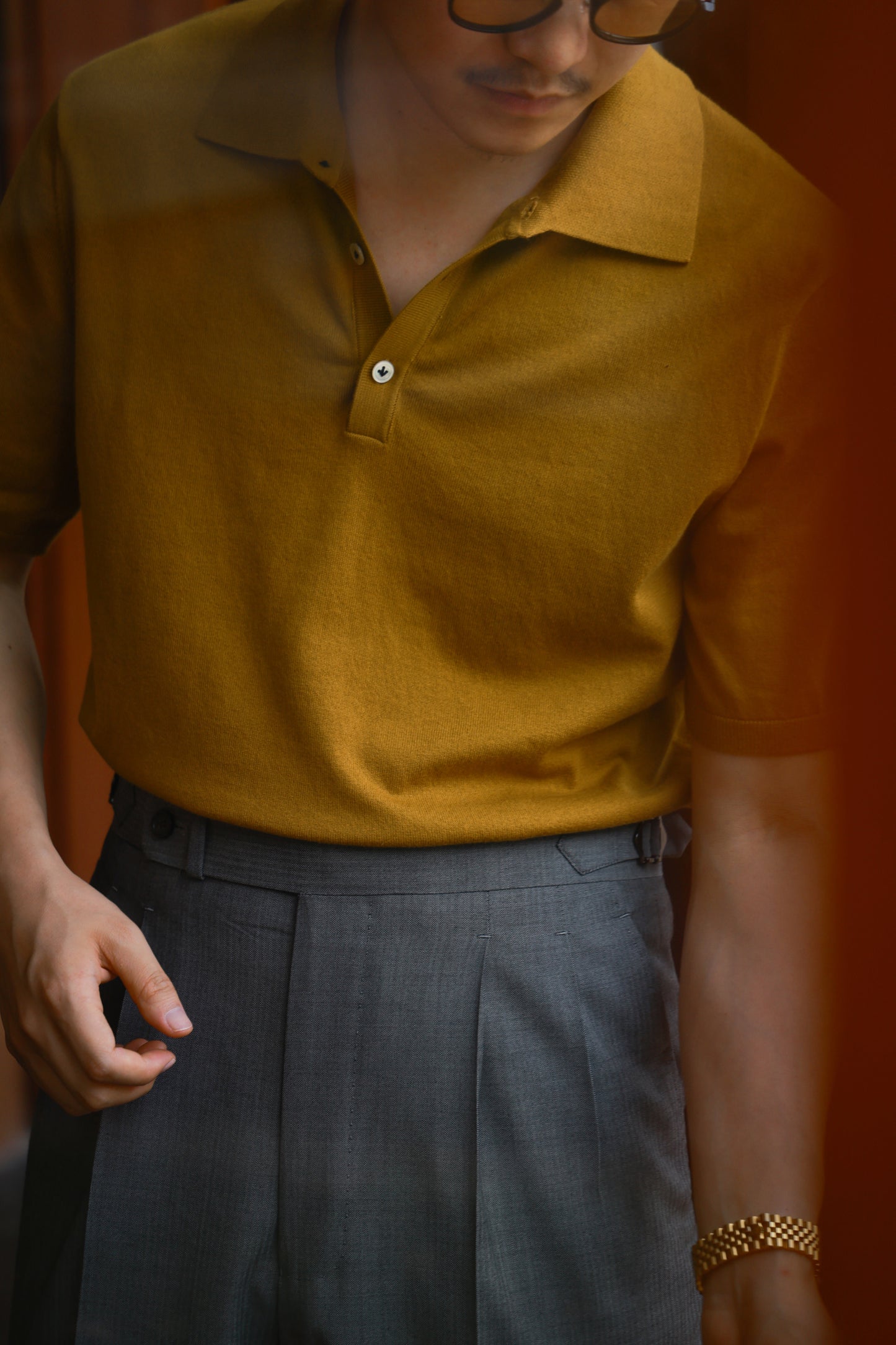 「Spiced Mustard」combed cotton Shell Buttons Knit Short-Sleeve Polo Shirt
