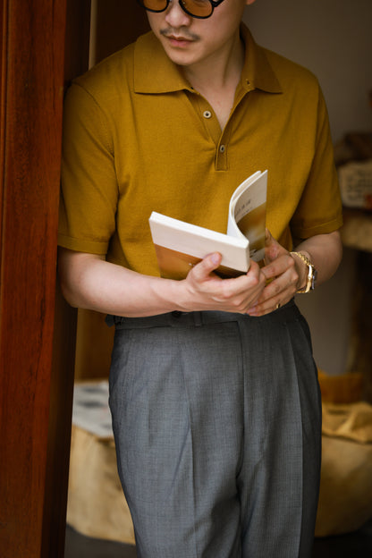 「Spiced Mustard」combed cotton Shell Buttons Knit Short-Sleeve Polo Shirt