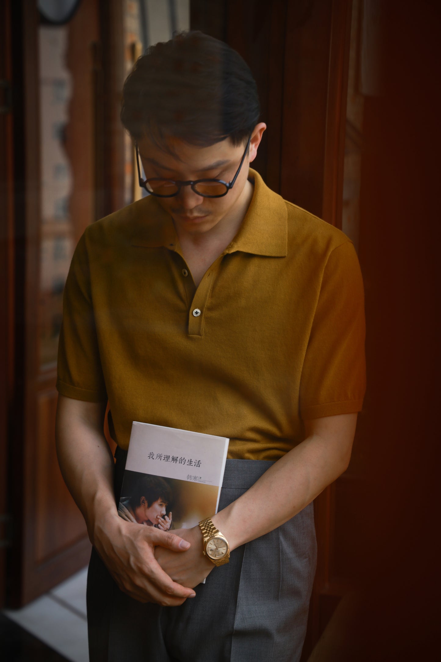 「Spiced Mustard」combed cotton Shell Buttons Knit Short-Sleeve Polo Shirt