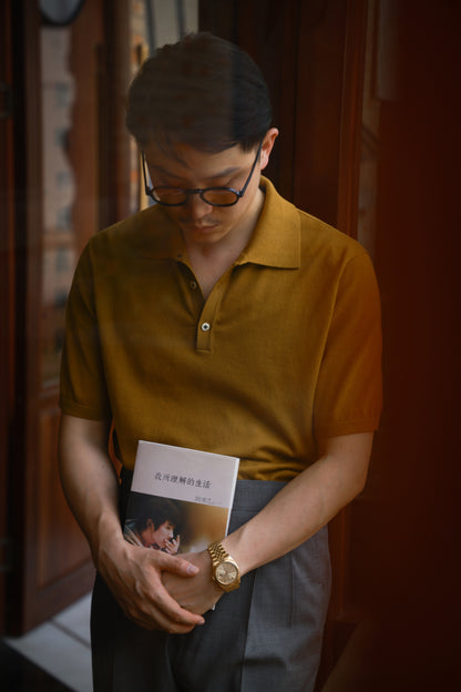 「Spiced Mustard」combed cotton Shell Buttons Knit Short-Sleeve Polo Shirt