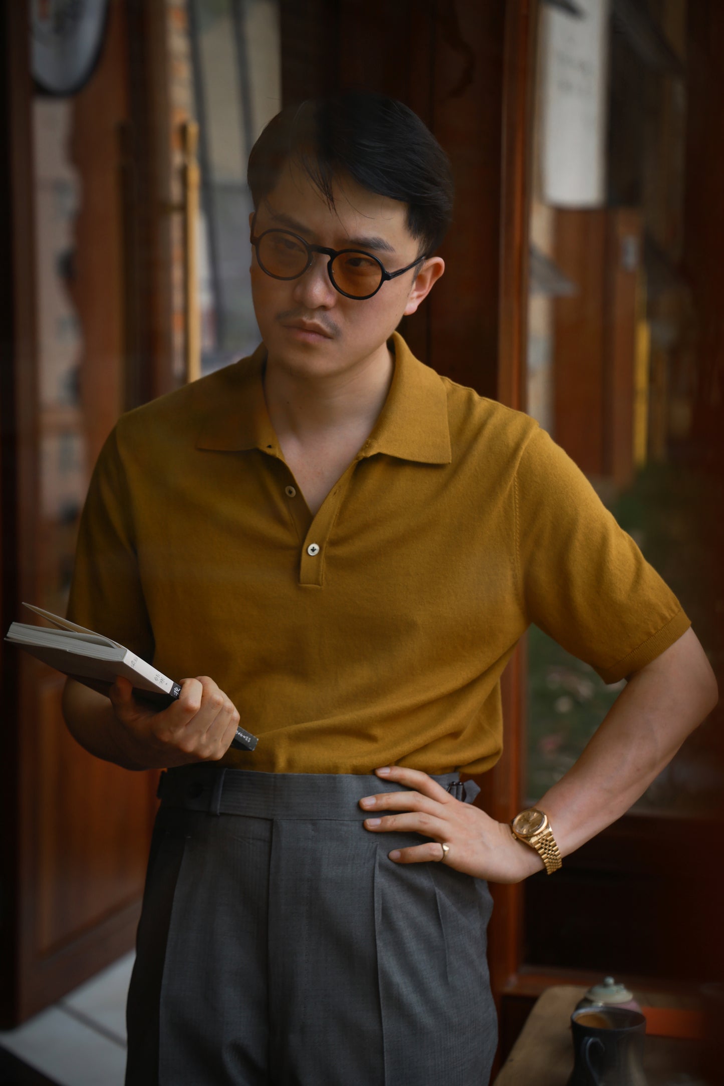 「Spiced Mustard」combed cotton Shell Buttons Knit Short-Sleeve Polo Shirt