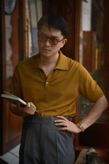 「Spiced Mustard」combed cotton Shell Buttons Knit Short-Sleeve Polo Shirt