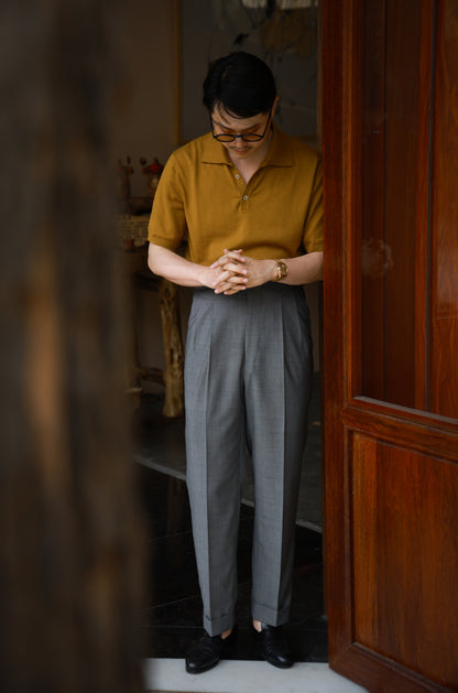 「Spiced Mustard」combed cotton Shell Buttons Knit Short-Sleeve Polo Shirt