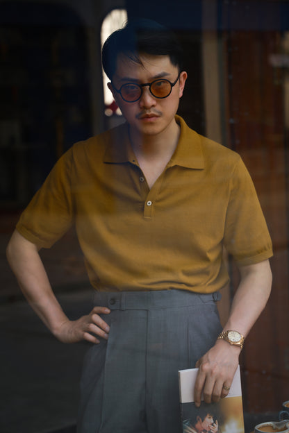 「Spiced Mustard」combed cotton Shell Buttons Knit Short-Sleeve Polo Shirt
