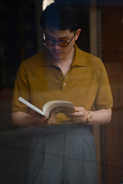 「Spiced Mustard」combed cotton Shell Buttons Knit Short-Sleeve Polo Shirt