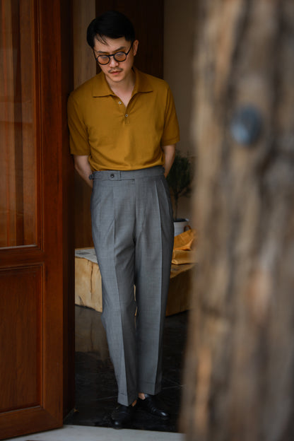 「Spiced Mustard」combed cotton Shell Buttons Knit Short-Sleeve Polo Shirt