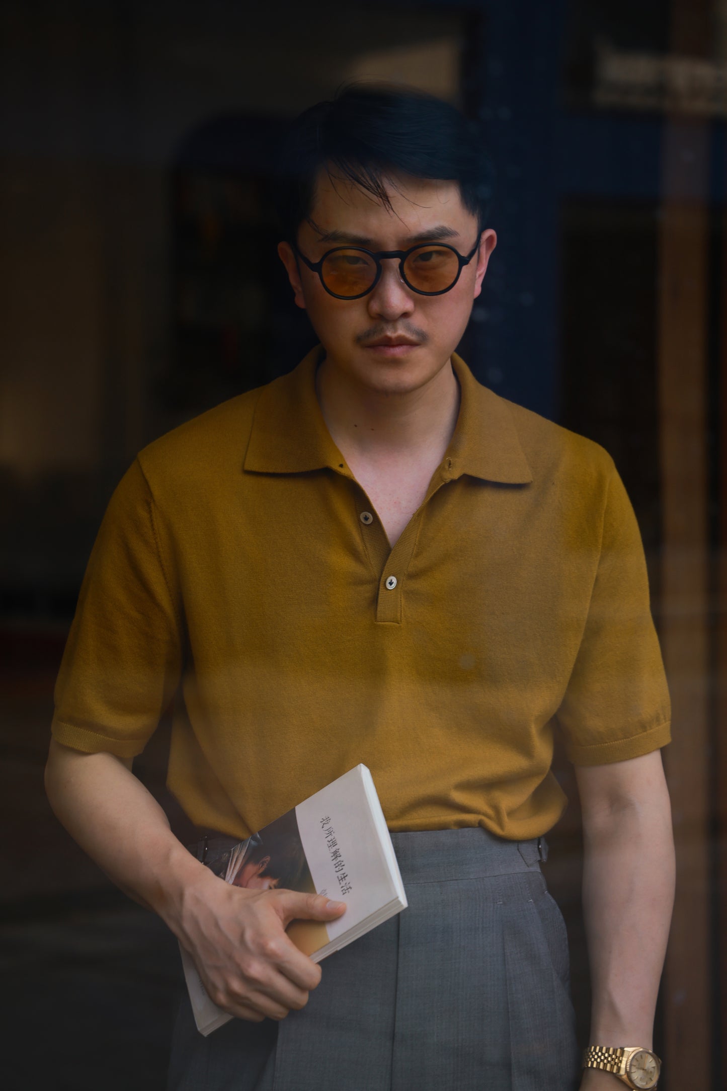 「Spiced Mustard」combed cotton Shell Buttons Knit Short-Sleeve Polo Shirt