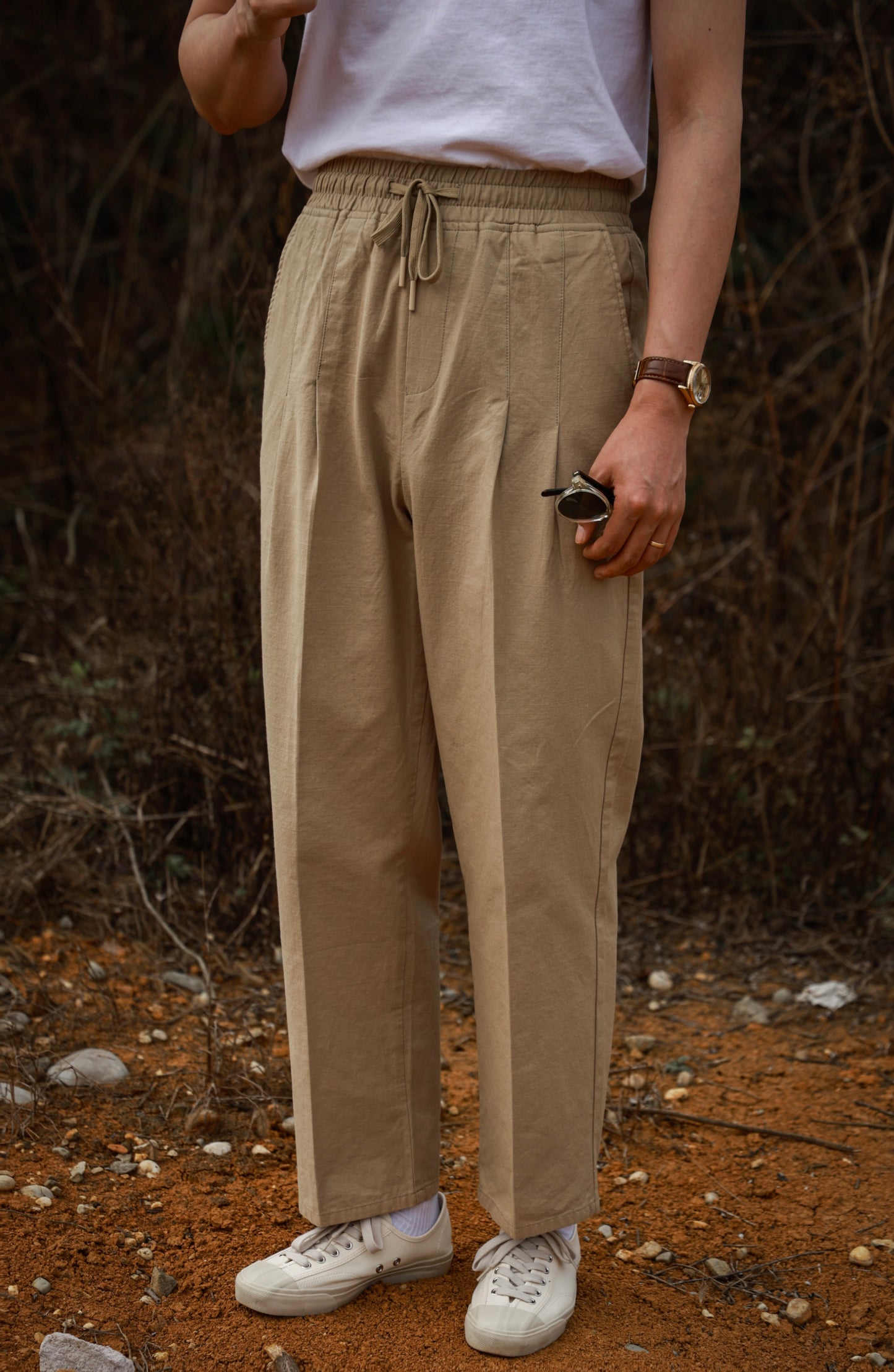 "Straw Color" Cotton and Linen Drawstring Casual Pants 