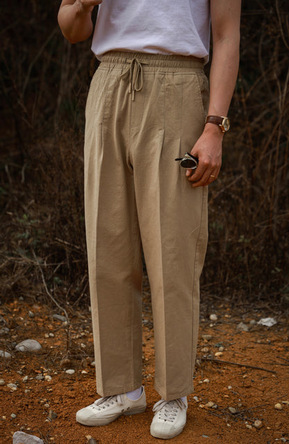 "Straw Color" Cotton and Linen Drawstring Casual Pants 