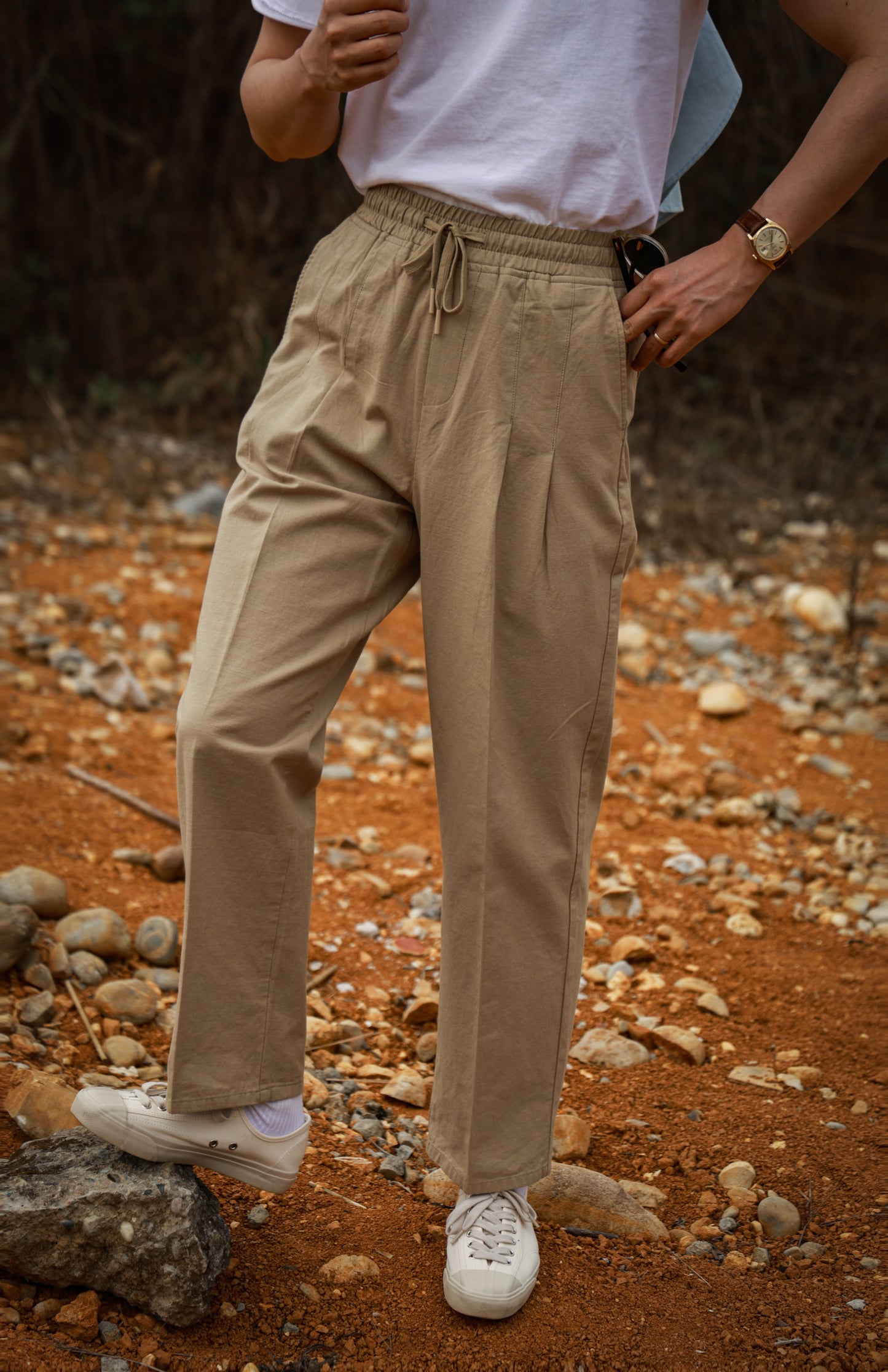 "Straw Color" Cotton and Linen Drawstring Casual Pants 