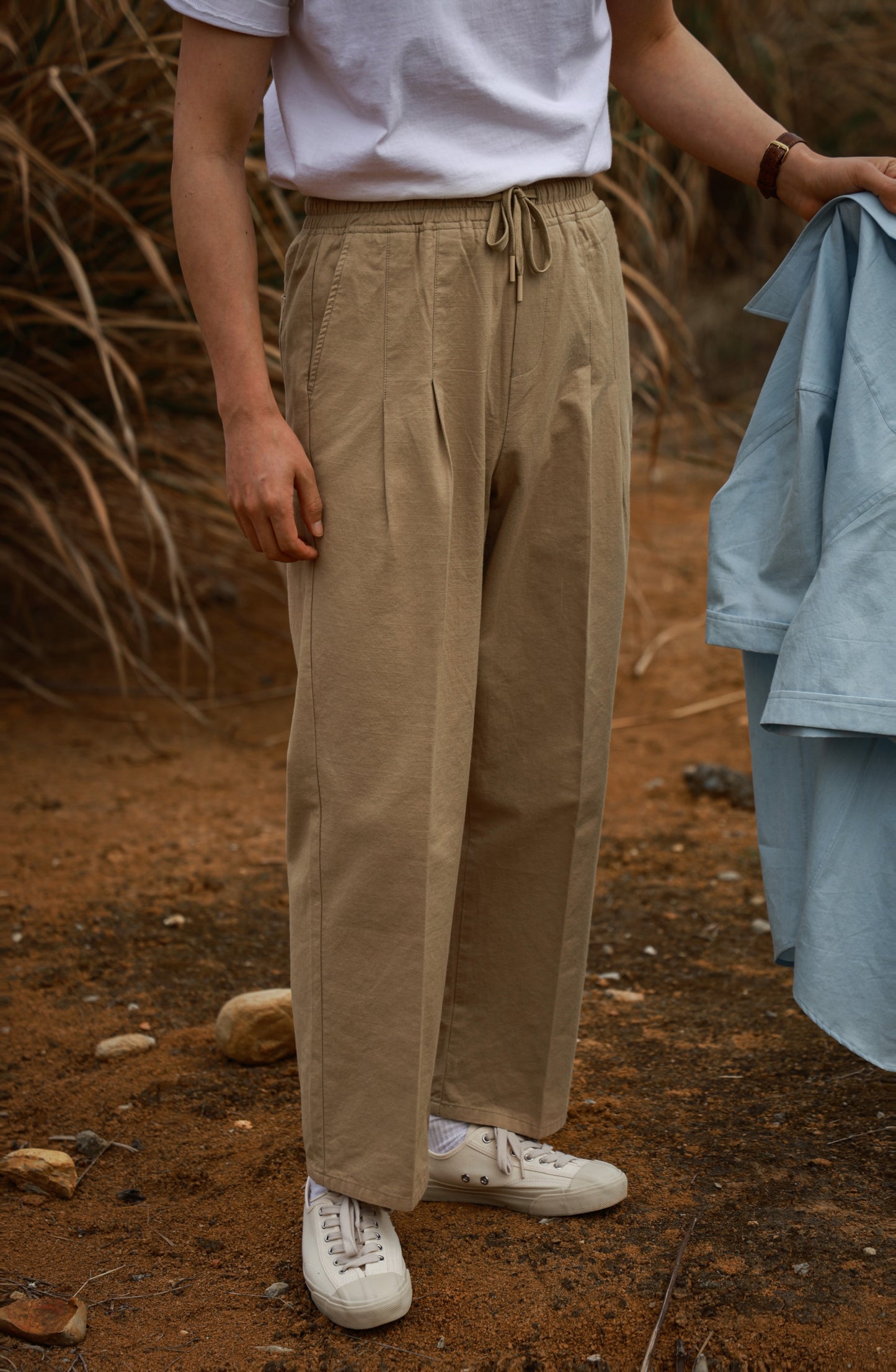 "Straw Color" Cotton and Linen Drawstring Casual Pants 