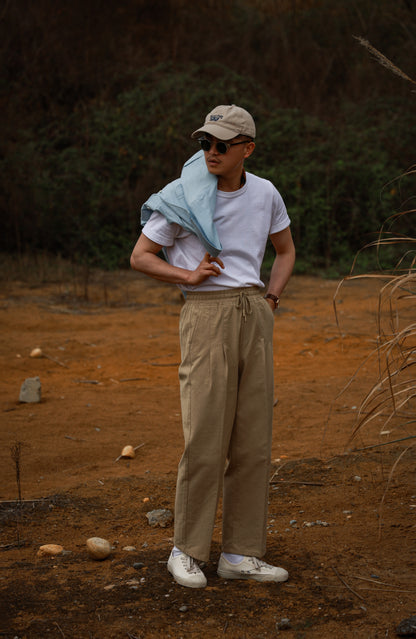 "Straw Color" Cotton and Linen Drawstring Casual Pants 