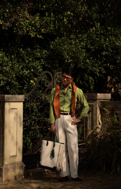 Handcrafted Spread Collar Shirt — Plum Green & Orange Stripes