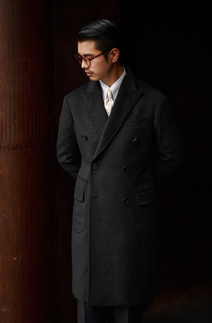 "Cliff Grey" double-breasted peaked lapel polo coat 