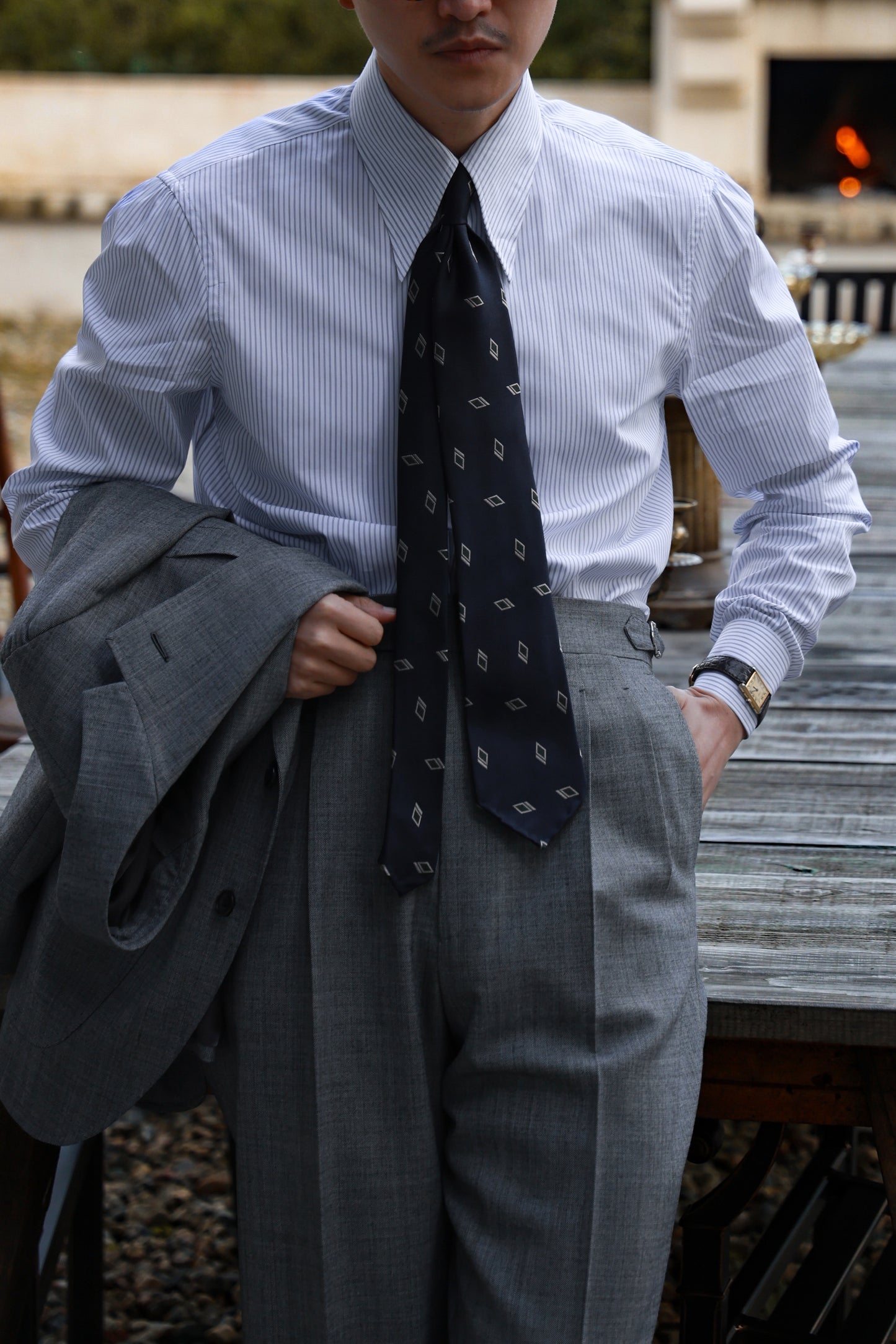 「Ice Blue Stripe」Don-Style Spread Collar Shirt