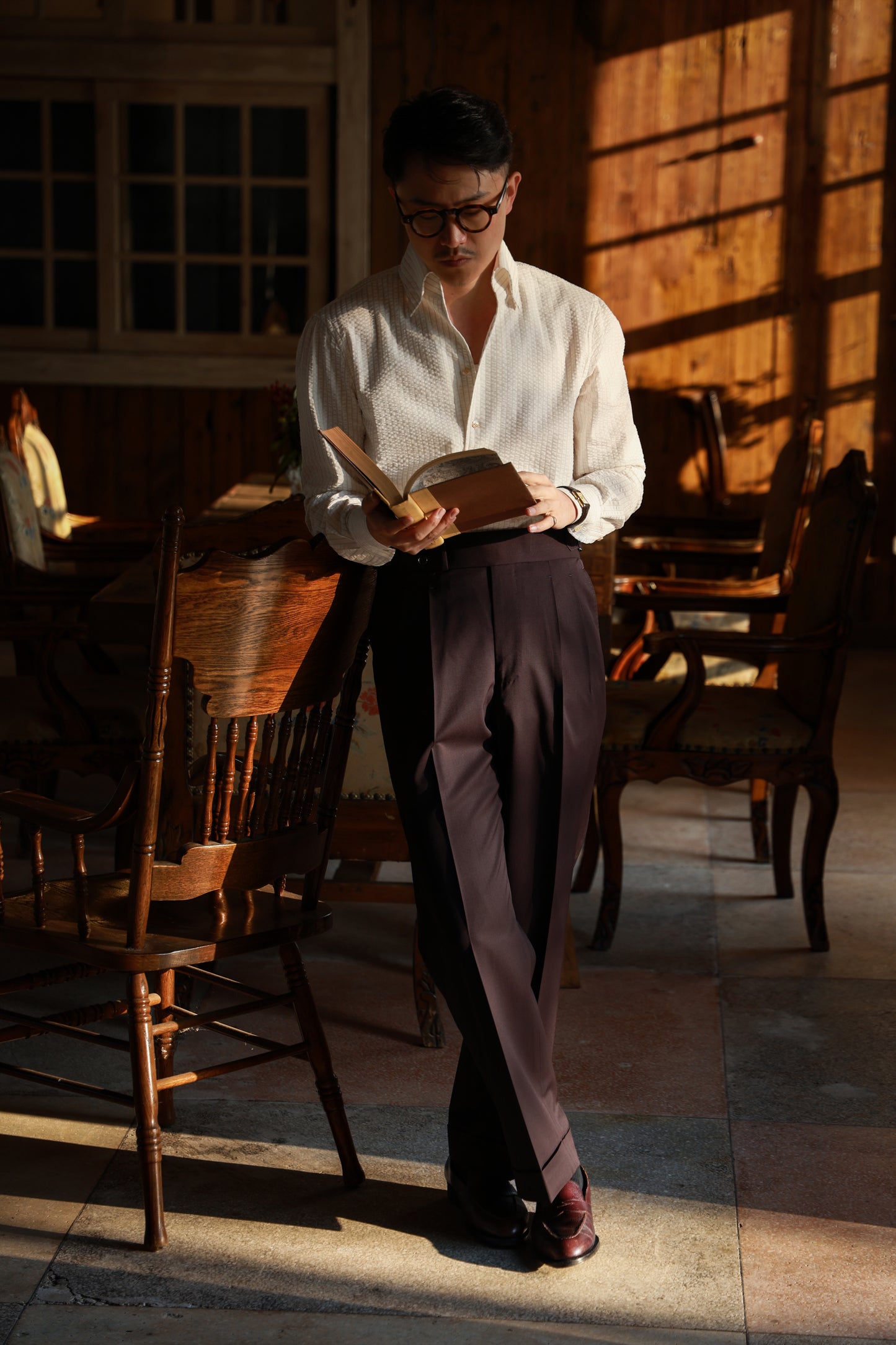 One-piece Collar Shirt — Seersucker Beige Pencil Stripe