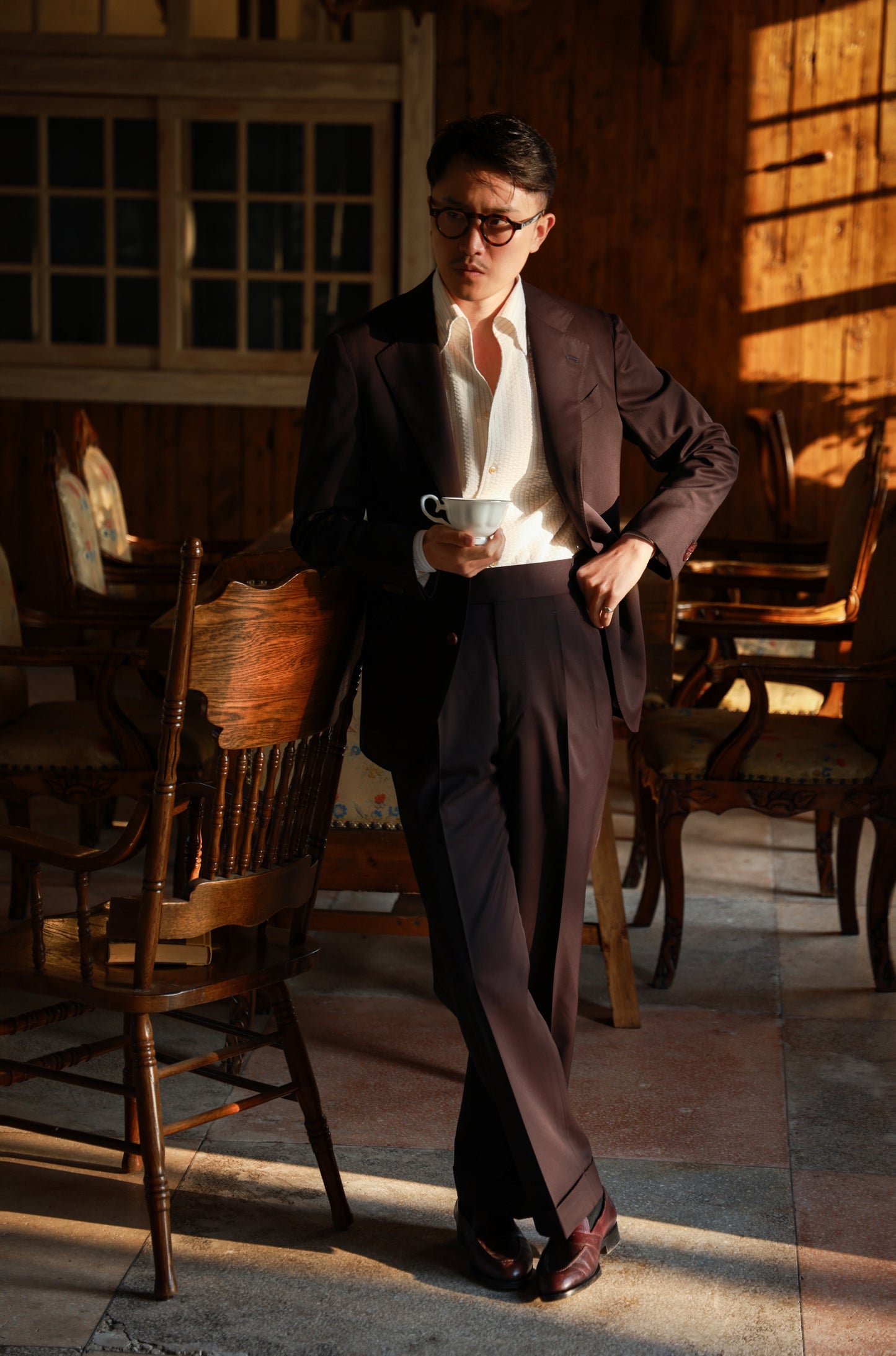 One-piece Collar Shirt — Seersucker Beige Pencil Stripe