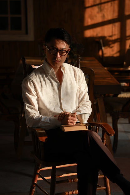 One-piece Collar Shirt — Seersucker Beige Pencil Stripe