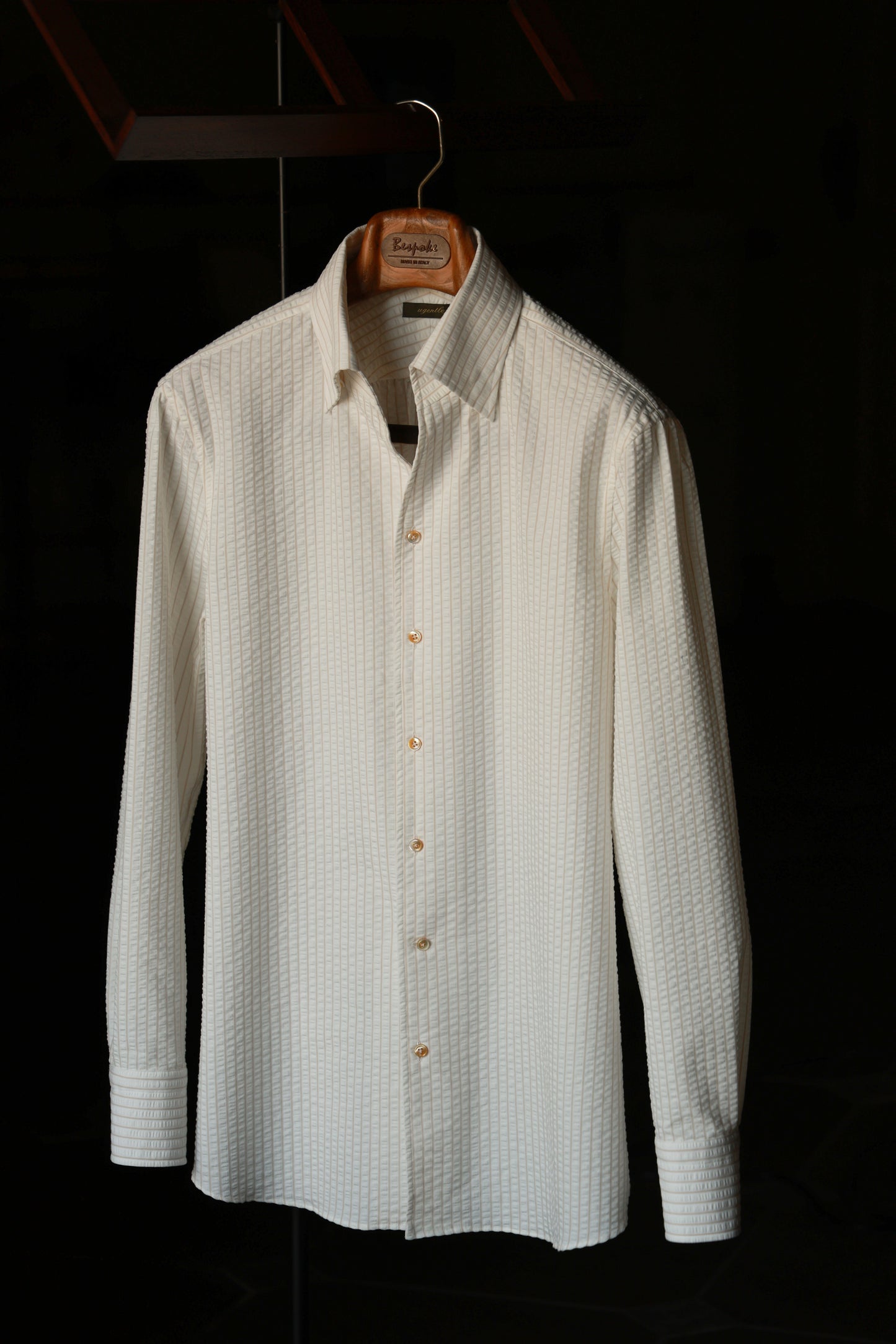 One-piece Collar Shirt — Seersucker Beige Pencil Stripe
