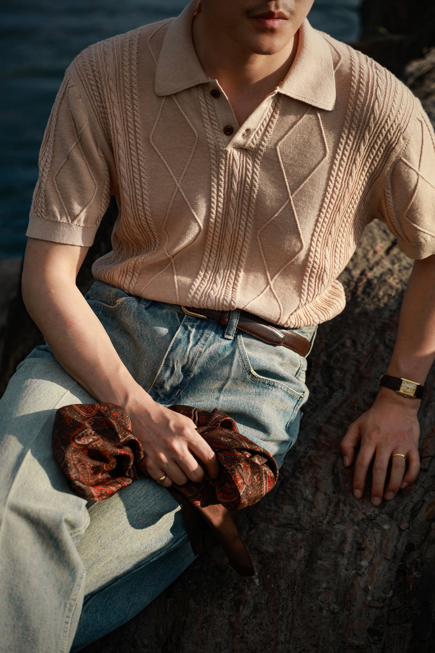 Linen/Cotton Knitted Polo Beige