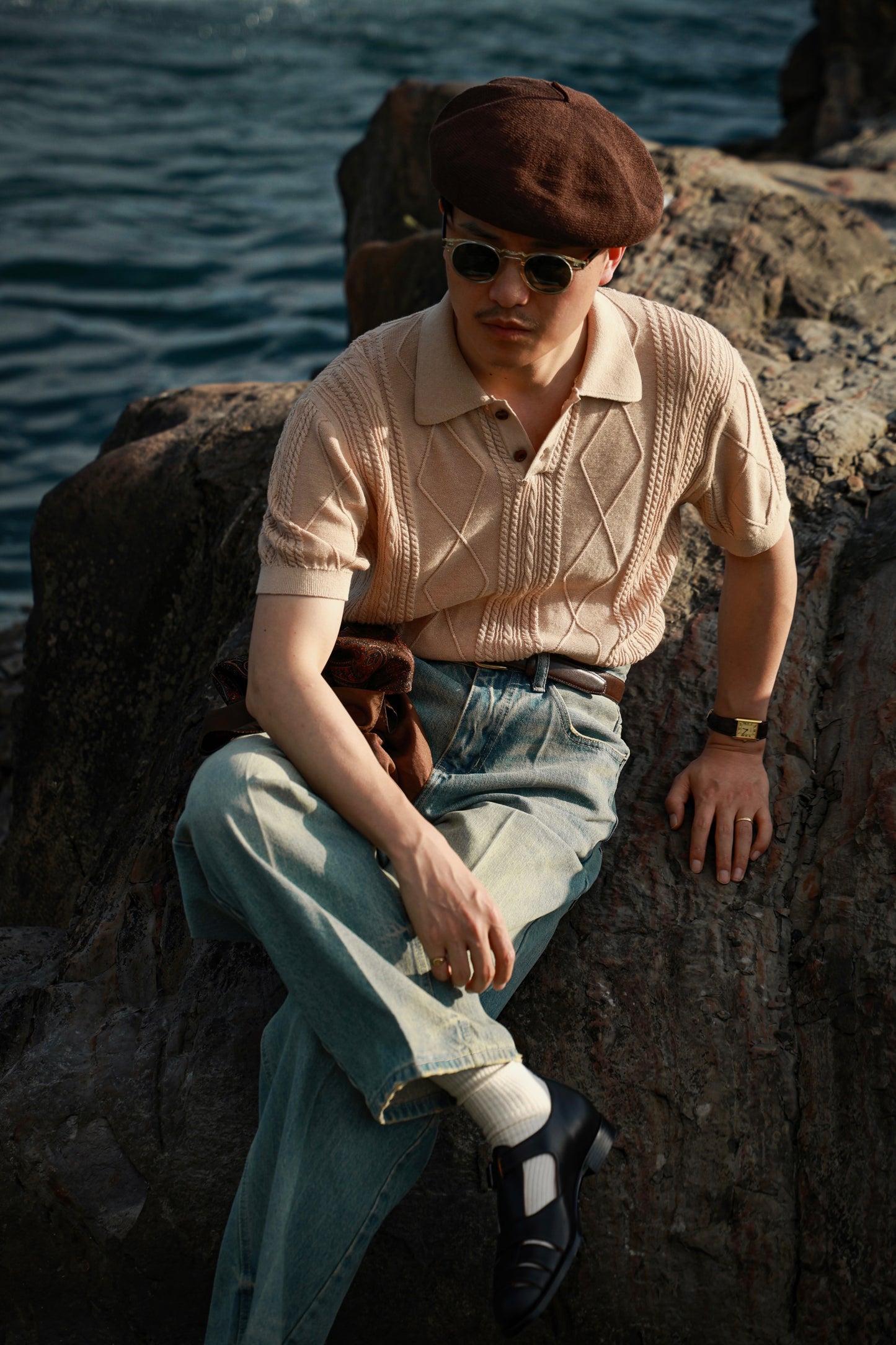 Linen/Cotton Knitted Polo Beige