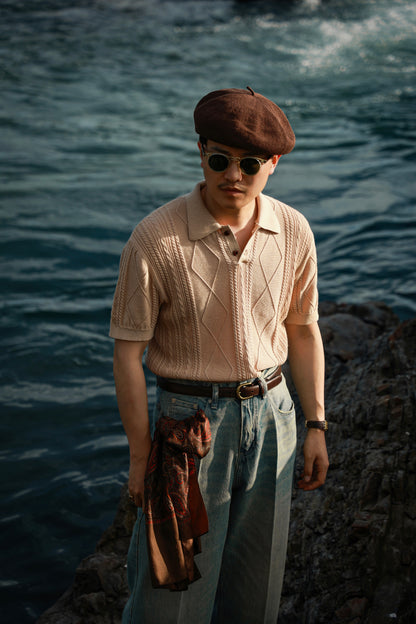 Linen/Cotton Knitted Polo Beige