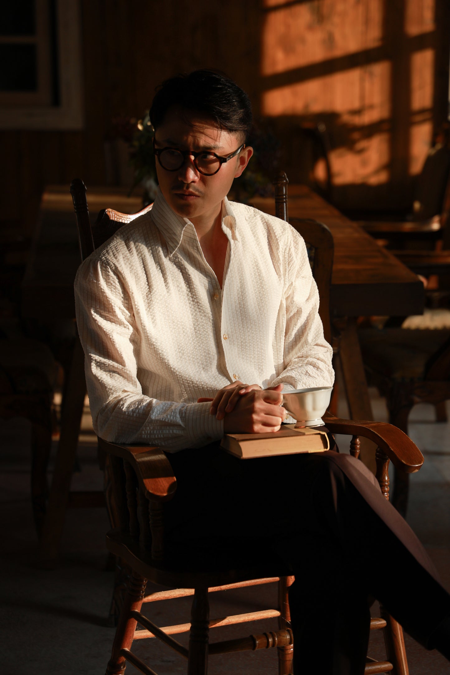 One-piece Collar Shirt — Seersucker Beige Pencil Stripe