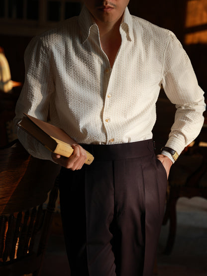 One-piece Collar Shirt — Seersucker Beige Pencil Stripe