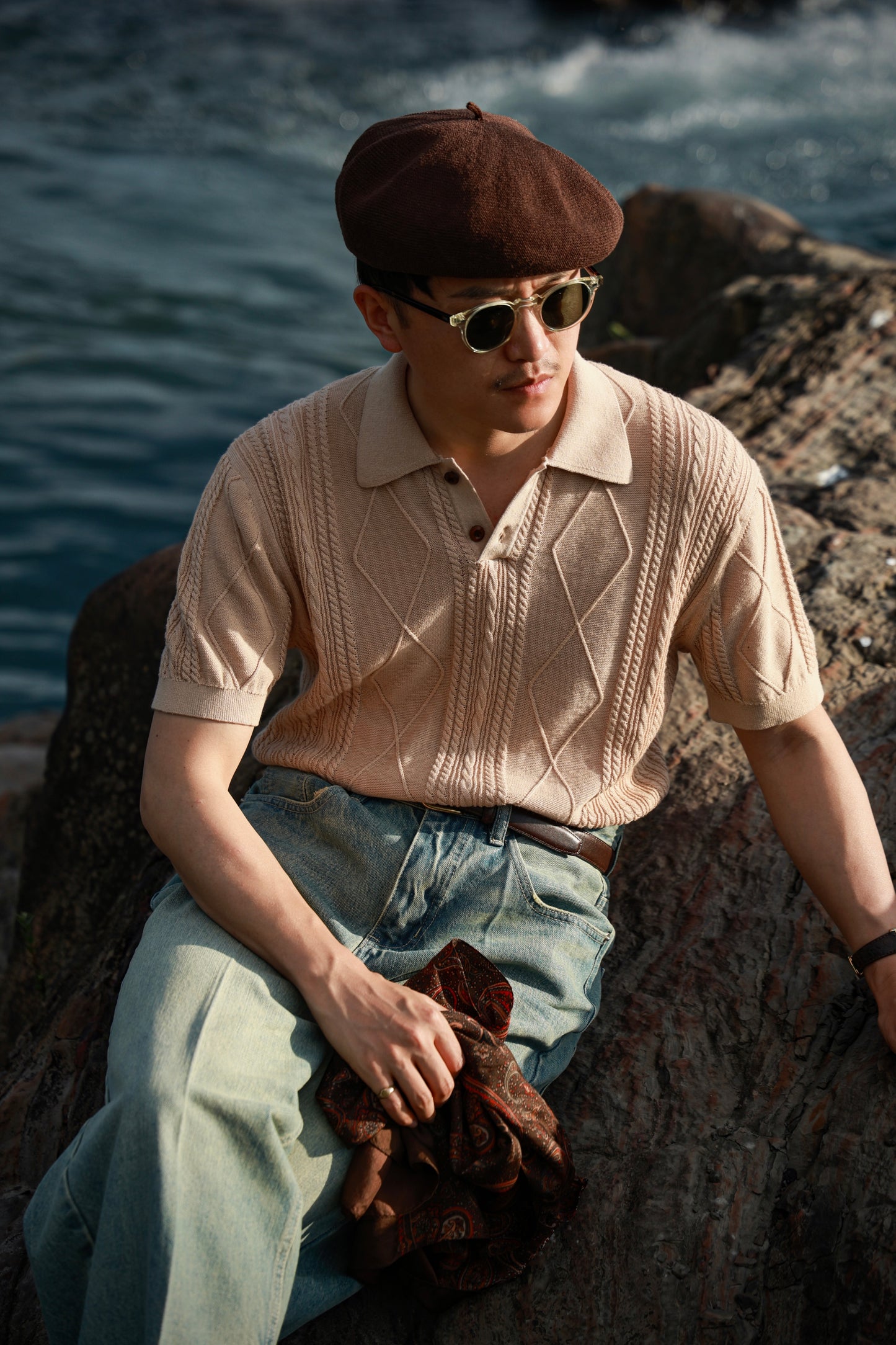 Linen/Cotton Knitted Polo Beige