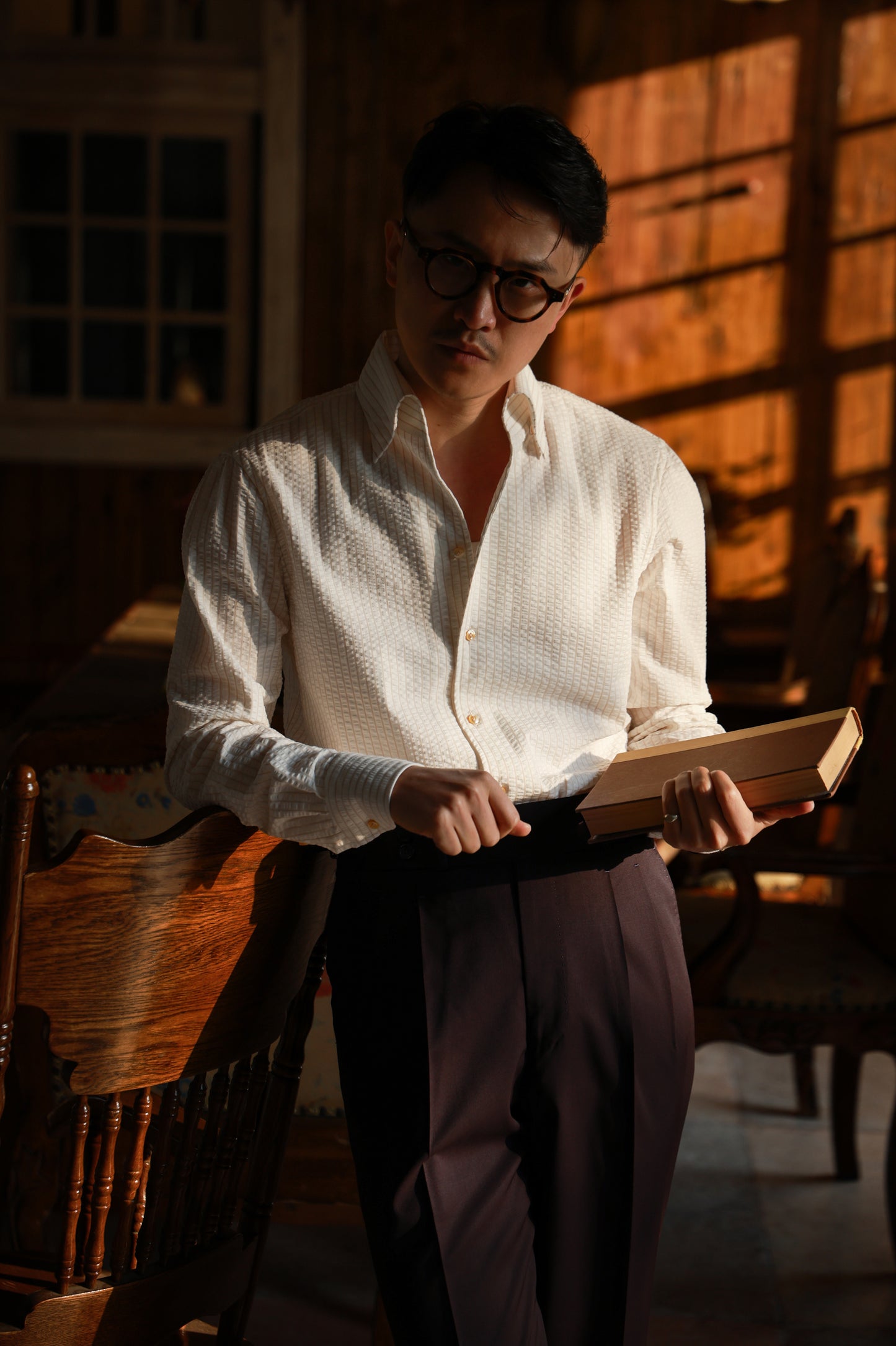 One-piece Collar Shirt — Seersucker Beige Pencil Stripe