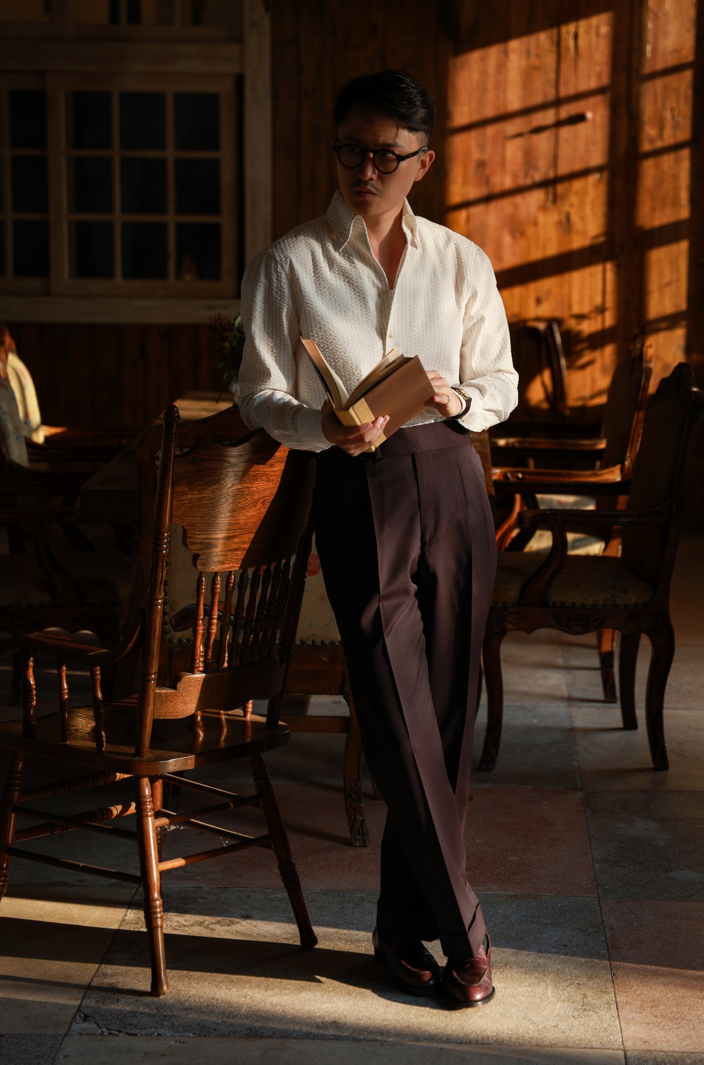 One-piece Collar Shirt — Seersucker Beige Pencil Stripe