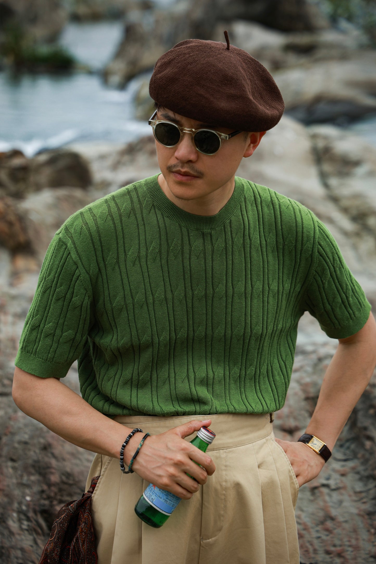 「Bamboo Emerald」cable stitch linen Unisex Dropped-shoulder sleeve Knit Short-Sleeve T-Shirt