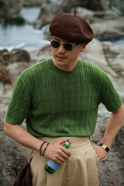 「Bamboo Emerald」cable stitch linen Unisex Dropped-shoulder sleeve Knit Short-Sleeve T-Shirt
