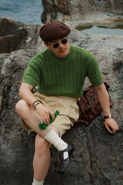 「Bamboo Emerald」cable stitch linen Unisex Dropped-shoulder sleeve Knit Short-Sleeve T-Shirt
