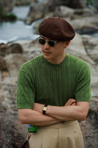 「Bamboo Emerald」cable stitch linen Unisex Dropped-shoulder sleeve Knit Short-Sleeve T-Shirt