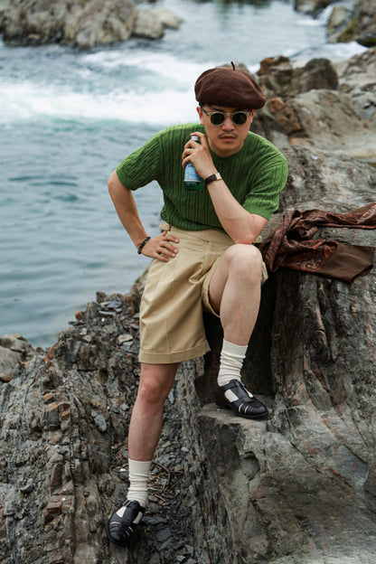 「Bamboo Emerald」cable stitch linen Unisex Dropped-shoulder sleeve Knit Short-Sleeve T-Shirt