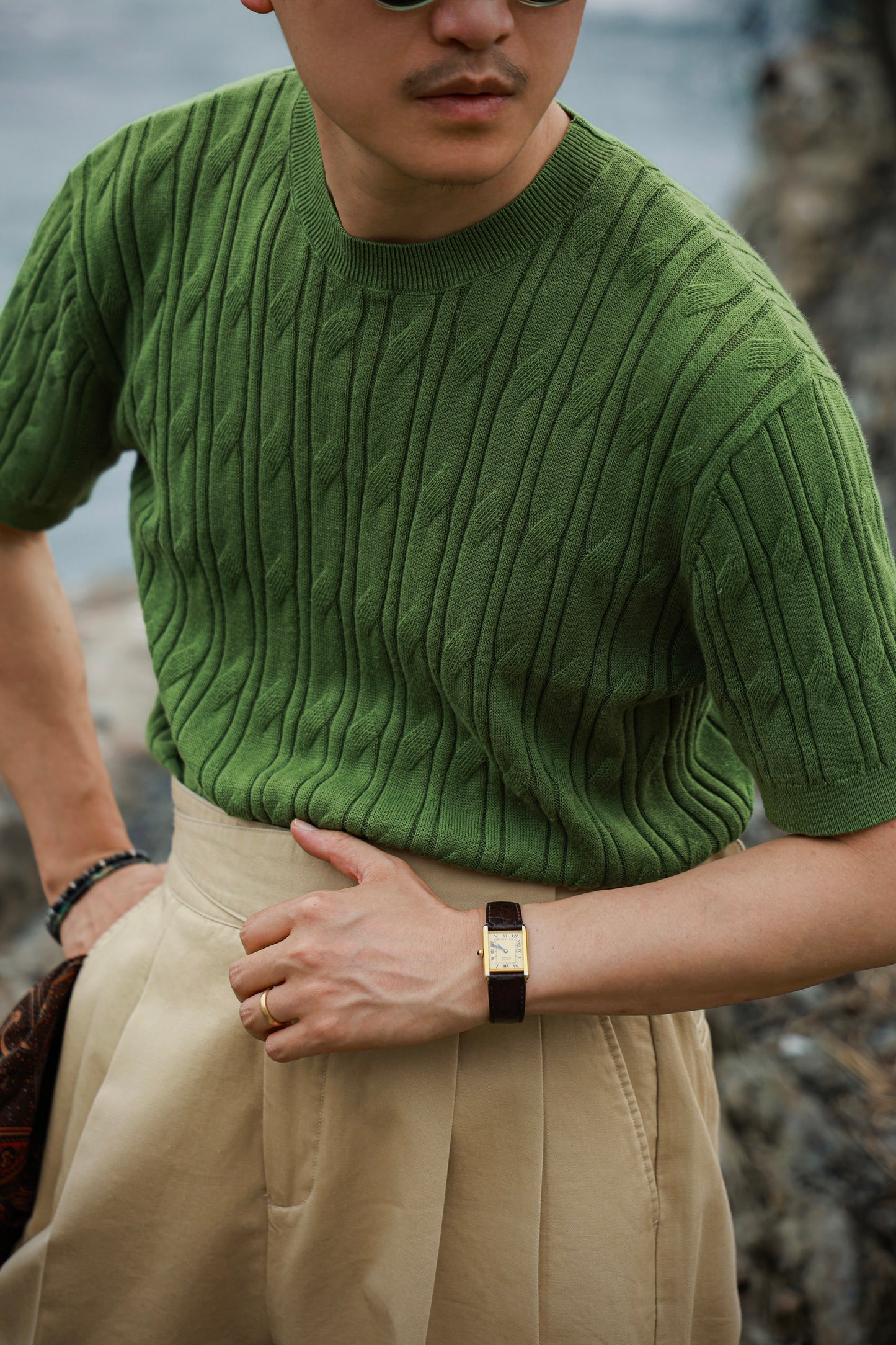 「Bamboo Emerald」cable stitch linen Unisex Dropped-shoulder sleeve Knit Short-Sleeve T-Shirt