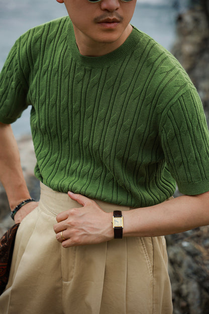 「Bamboo Emerald」cable stitch linen Unisex Dropped-shoulder sleeve Knit Short-Sleeve T-Shirt